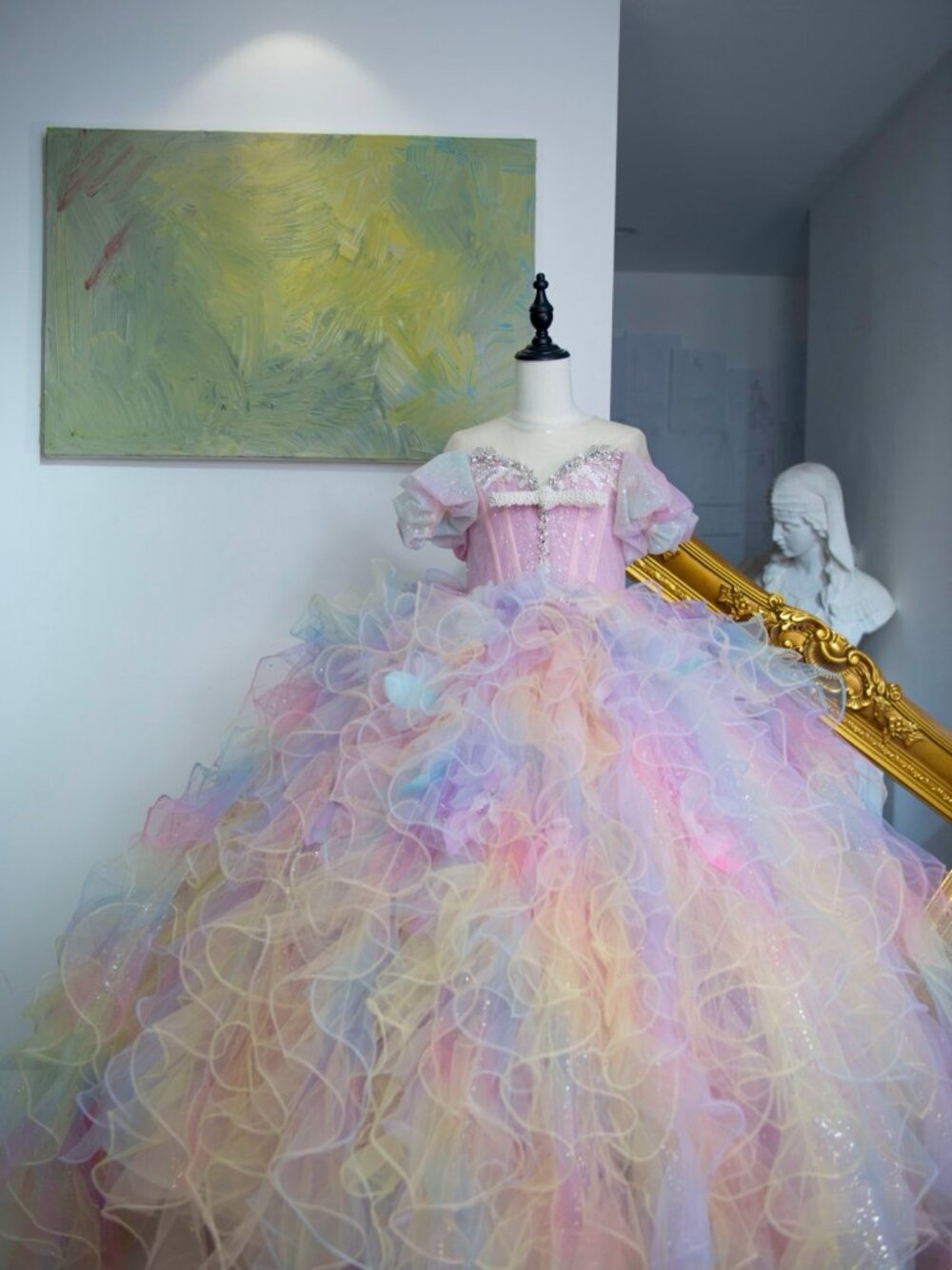 Handmade Rainbow Princess Gown – Pastel Tulle Ball Gown with Petticoat, Size 130